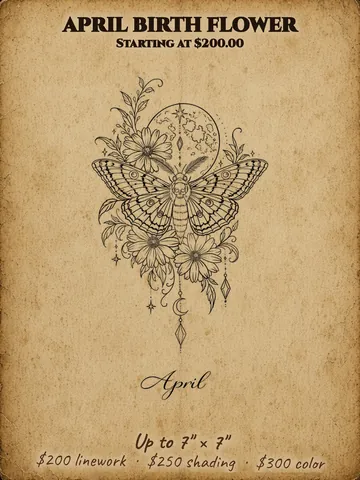 April birth flower: Death's-head moth with flowers and a crescent moon, Halloween themed flash design