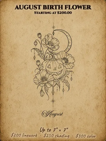 August birth flower: Jack-o'-lantern with poppies and a crescent moon, Halloween themed flash design