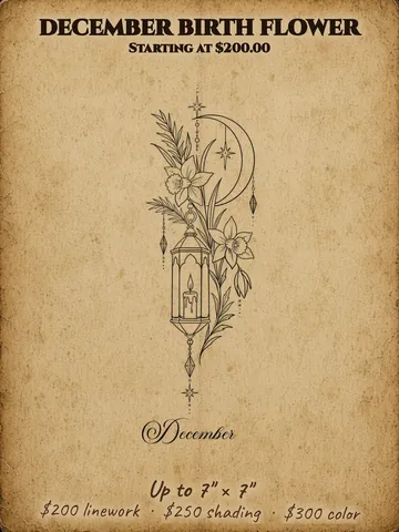 December birth flower: Hanging lantern with flowers and a crescent moon, Halloween themed flash design