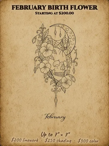 February birth flower: Skull wrapped in flowers under a crescent moon, Halloween themed flash design