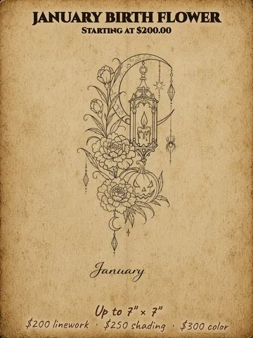 January birth flower: Hanging lantern, crescent moon, flowers and a small pumpkin, Halloween themed flash design