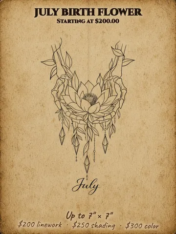 July birth flower: Skeleton hands holding a lotus flower with hanging beads, Halloween themed flash design