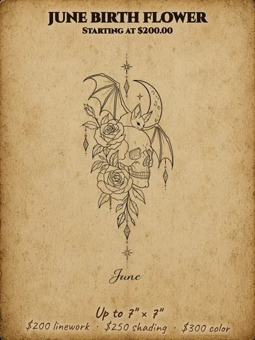 June birth flower: Bat-winged skull with roses, Halloween themed flash design