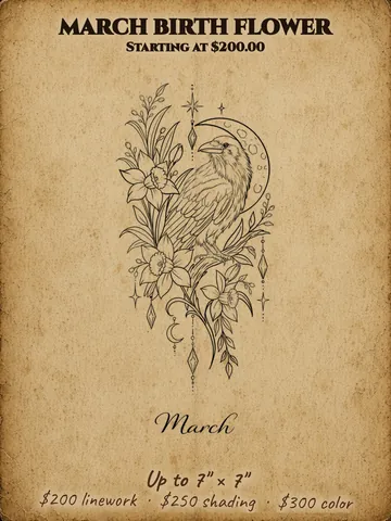 March birth flower: Raven among flowers under a crescent moon, Halloween themed flash design