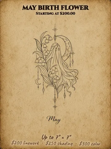 May birth flower: Little ghost with flowers and a crescent moon, Halloween themed flash design