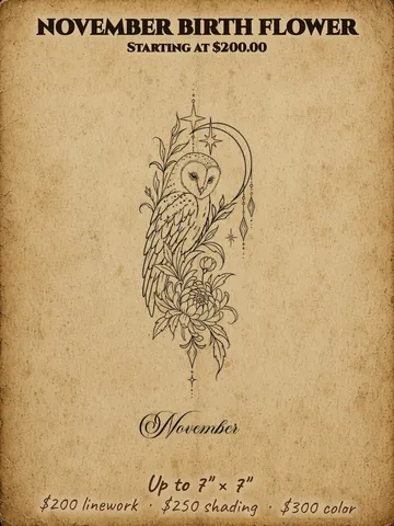 November birth flower: Owl with flowers and a crescent moon, Halloween themed flash design