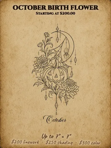 October birth flower: Pumpkin with flowers and a crescent moon, Halloween themed flash design