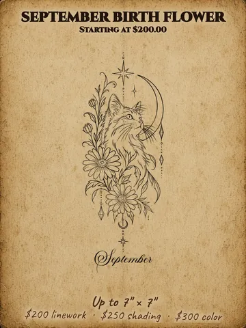 September birth flower: Black cat with flowers under a crescent moon, Halloween themed flash design