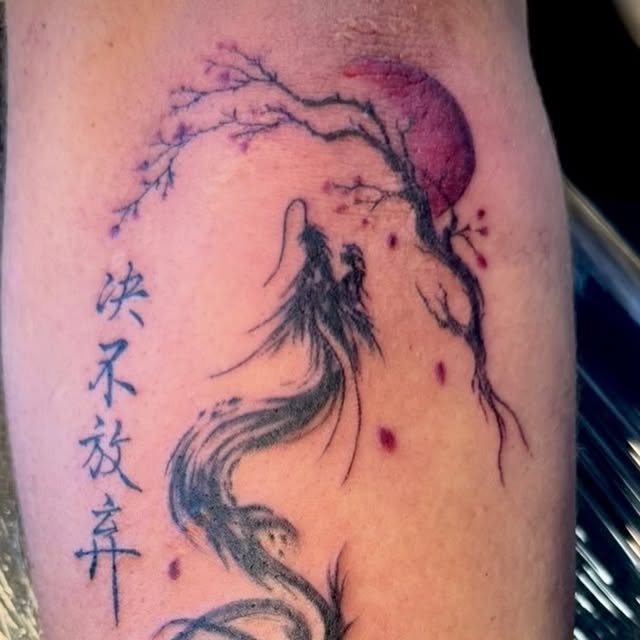 Ink-wash dragon with cherry blossoms and red moon