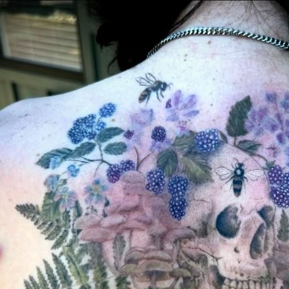 Color nature back piece with blackberries, flowers, bees and mushrooms