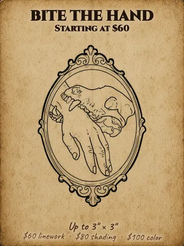 Animal skull biting a hand in an ornate oval frame Halloween flash design