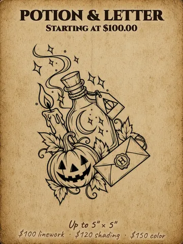 Potion bottle, sealed letter and jack-o'-lanterns Halloween flash design