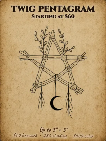 Pentagram made of tied twigs with sprigs and a hanging crescent moon Halloween flash design