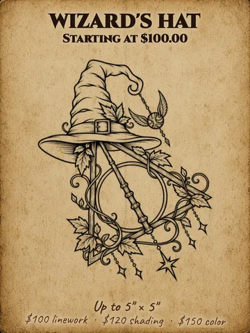 Wizard's hat with a branch, leaves and a crescent Halloween flash design