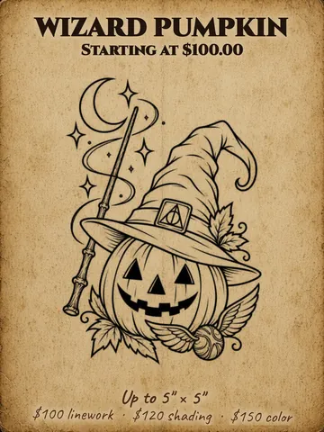 Jack-o'-lantern in a wizard hat with a wand and moon Halloween flash design