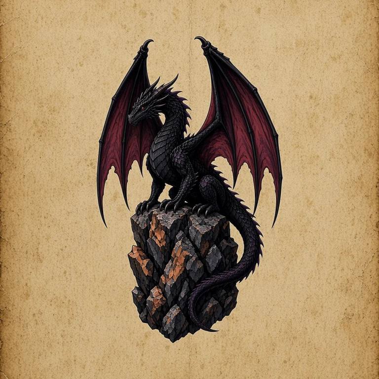 Black Dragon: a black dragon with oxblood-red wings perched on an ember-veined rock