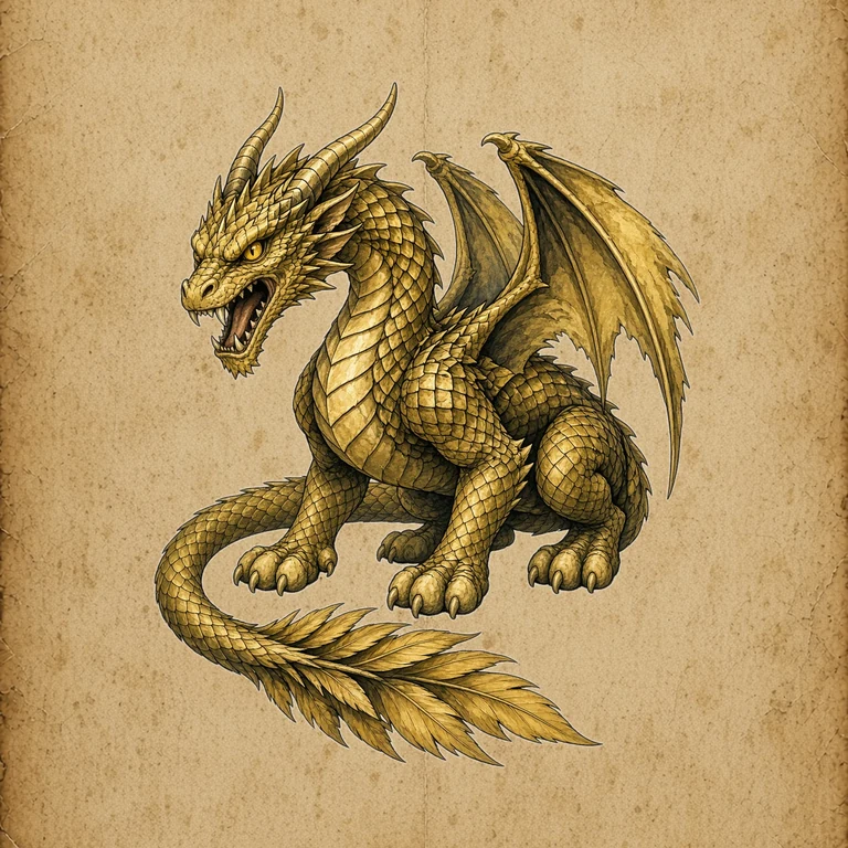 Golden Feathertail: a golden-scaled horned dragon crouching with wings raised, its long tail ending in a golden feather plume