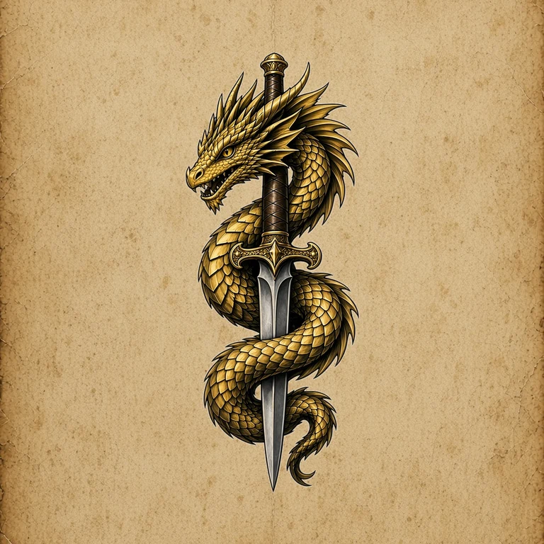 Golden Hatchling: a golden dragon coiled around a downward-pointing sword