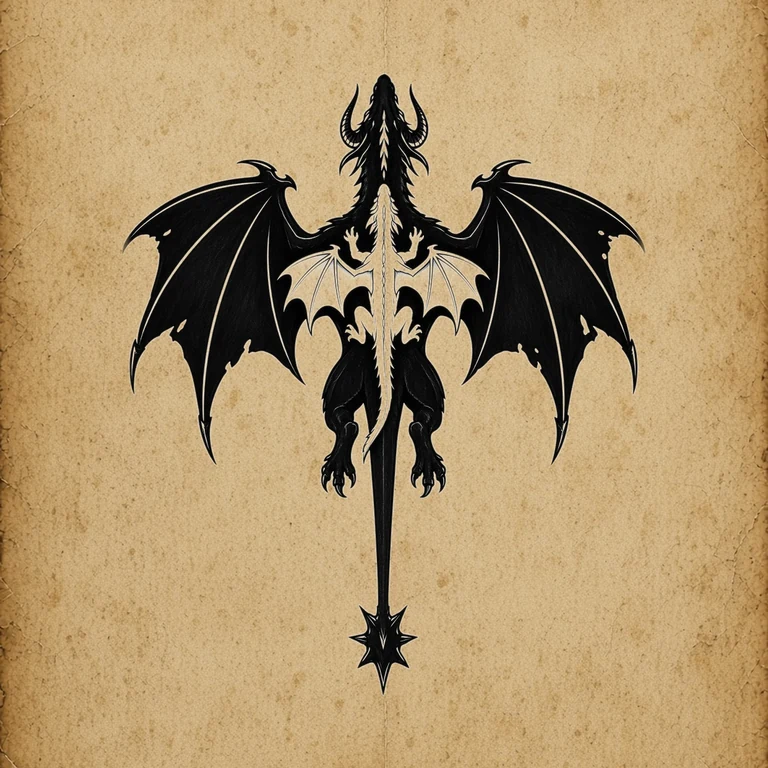 Twin Dragons: a black dragon with spread wings seen from above, a small rider dragon on its back