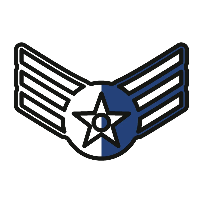 Air Force Senior Airman: left half black line work, right half flat color