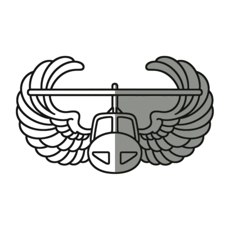 Army Air Assault Badge: left half black line work, right half flat color