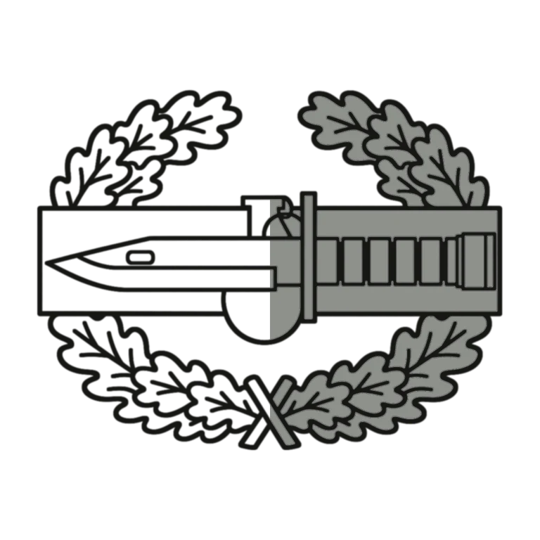 Army Combat Action Badge: left half black line work, right half flat color