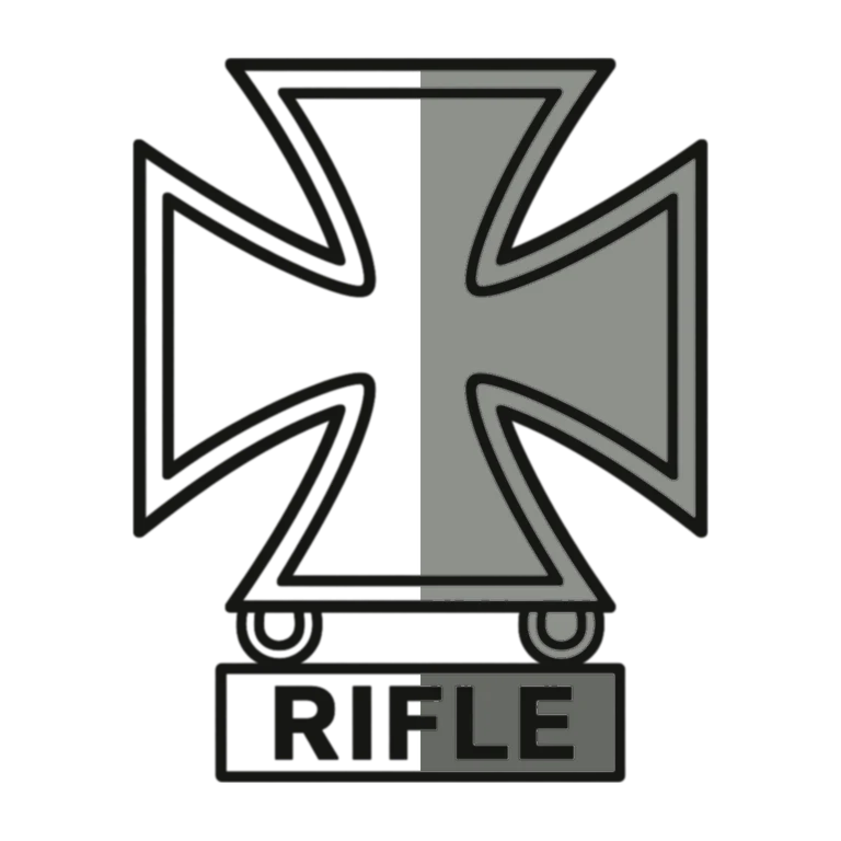 Army Marksman Badge: left half black line work, right half flat color