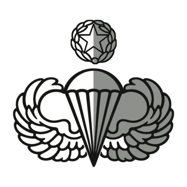 Army Master Parachutist Badge: left half black line work, right half flat color