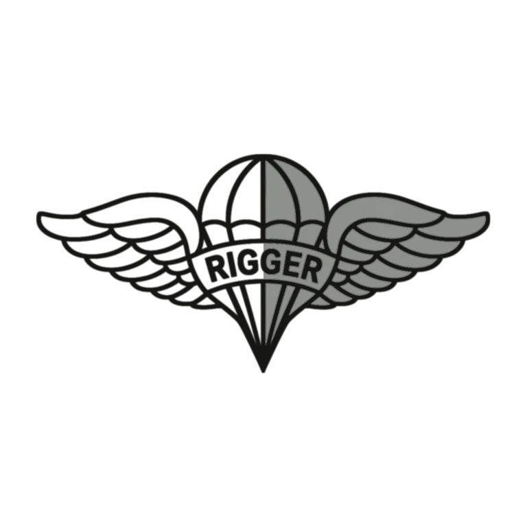 Army Parachute Rigger Badge: left half black line work, right half flat color