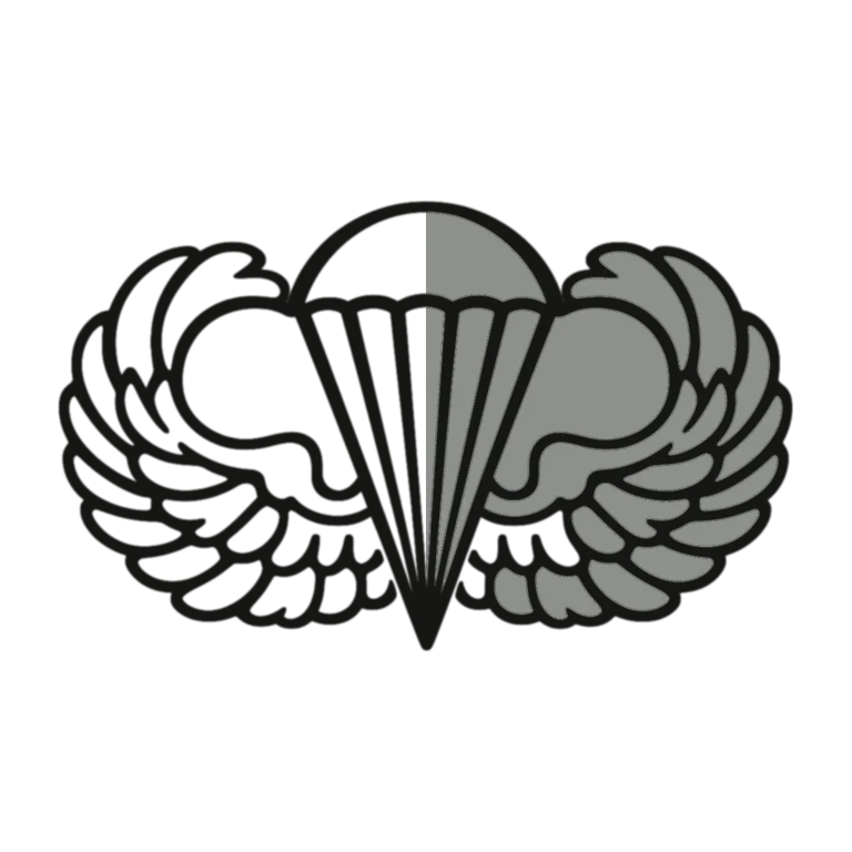Army Parachutist Badge: left half black line work, right half flat color