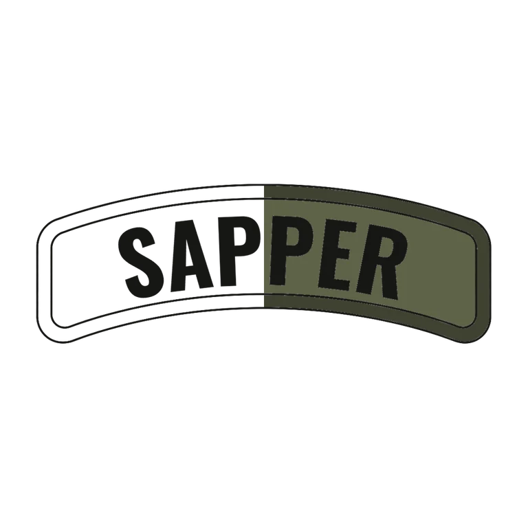 Army Sapper Tab: left half black line work, right half flat color