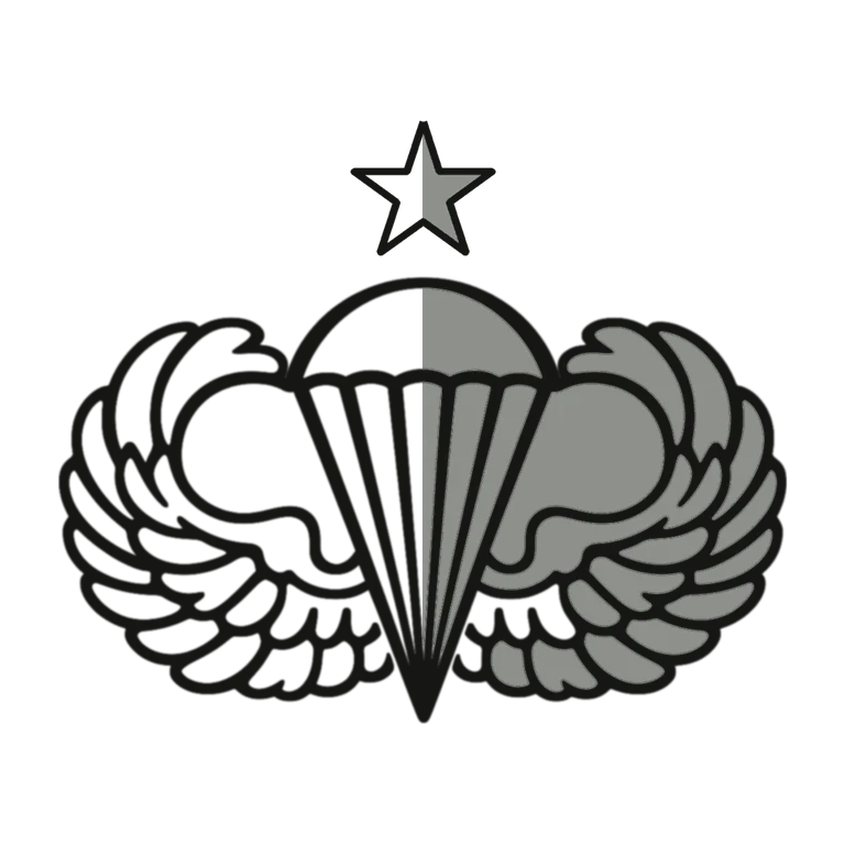 Army Senior Parachutist Badge: left half black line work, right half flat color