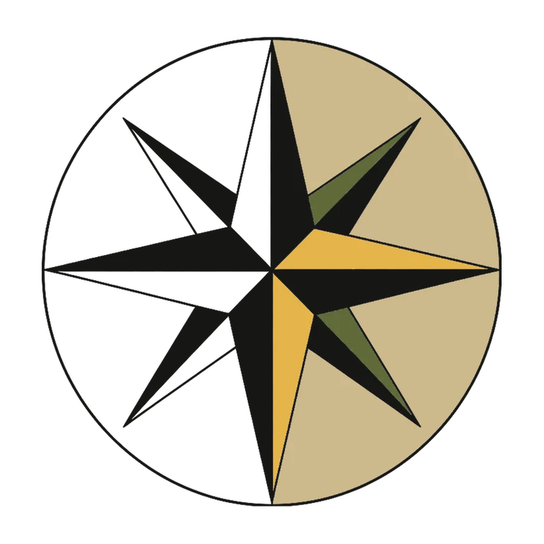 Compass Rose: left half black line work, right half flat color
