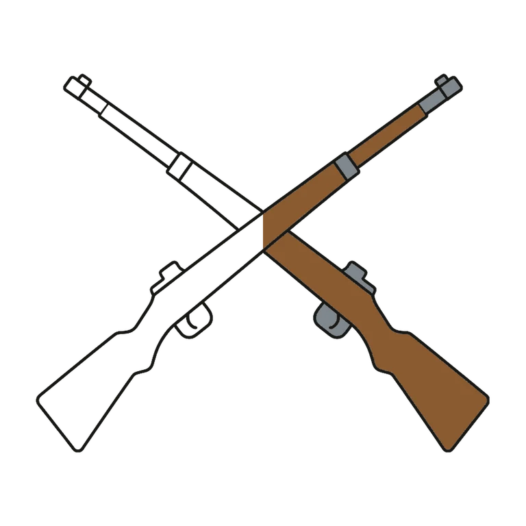 Crossed Rifles: left half black line work, right half flat color