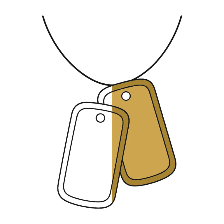 Dog Tags: left half black line work, right half flat color