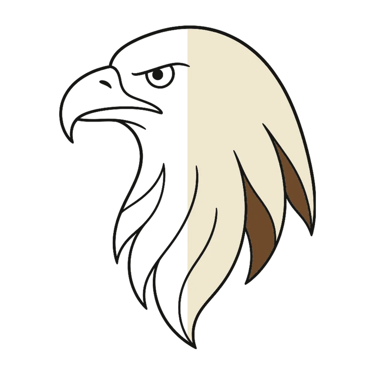 Eagle Head: left half black line work, right half flat color