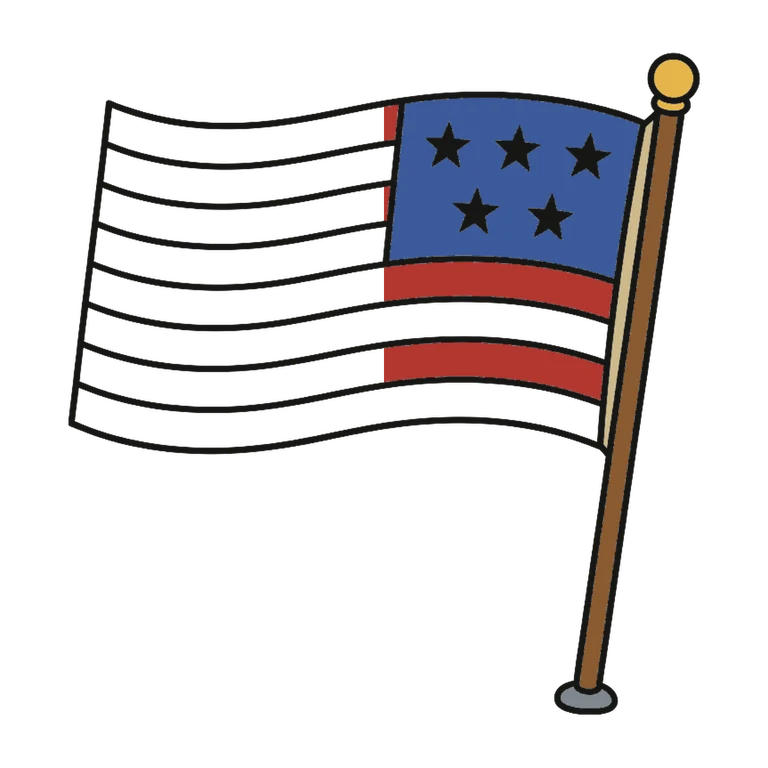 Waving Flag: left half black line work, right half flat color