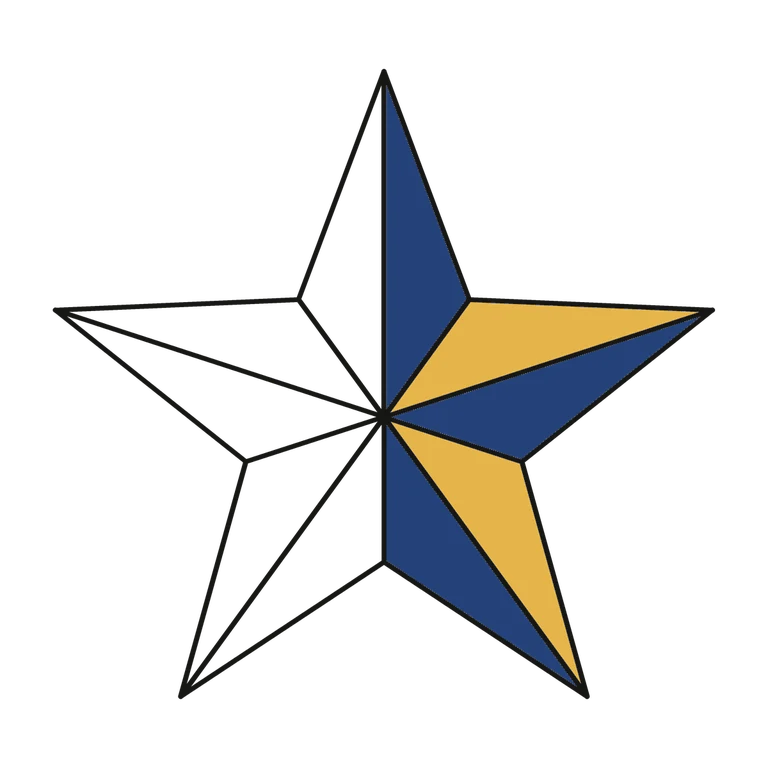 Navy Nautical Star: left half black line work, right half flat color