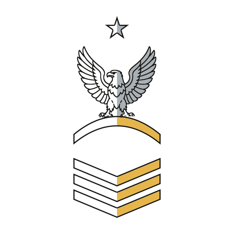 Navy Senior Chief: left half black line work, right half flat color