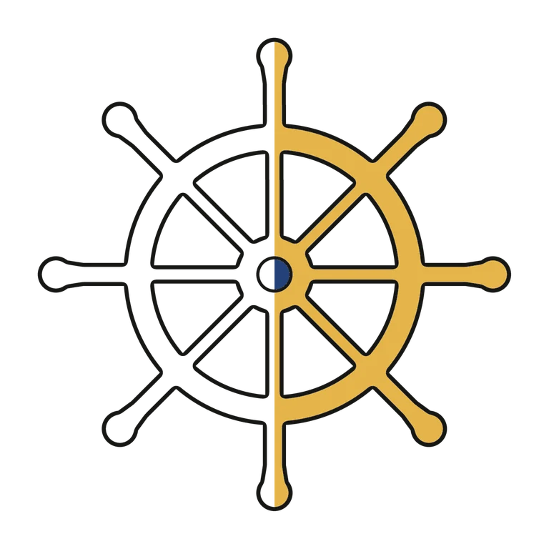 Navy Ship's Wheel: left half black line work, right half flat color