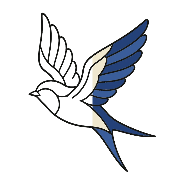 Navy Swallow: left half black line work, right half flat color