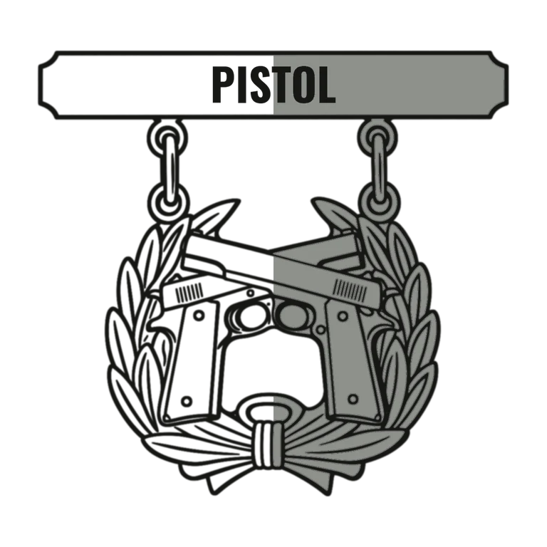 Marines Pistol Expert Badge: left half black line work, right half flat color