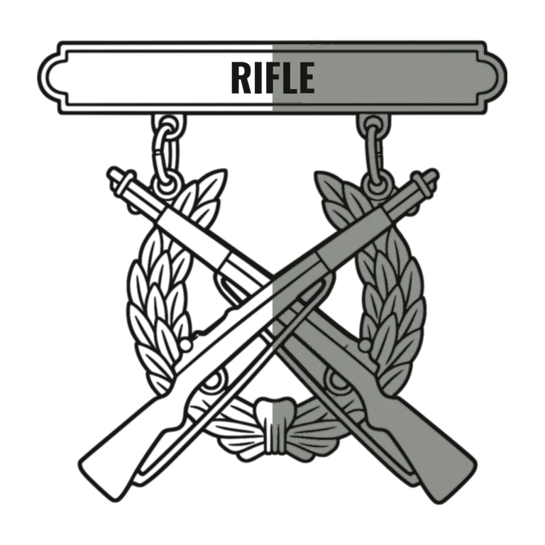 Marines Rifle Expert Badge: left half black line work, right half flat color